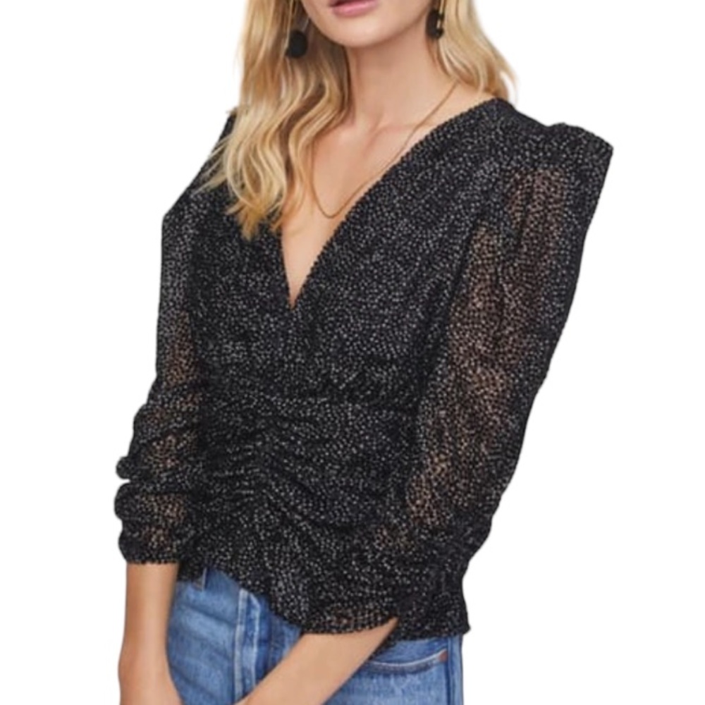 Astr Florence black velvet polka dot v-neck blouse size XS